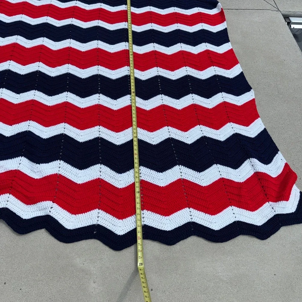 Handmade Crochet Afghan Blanket Red White Blue Chevron Ripple Throw 70x84 Large